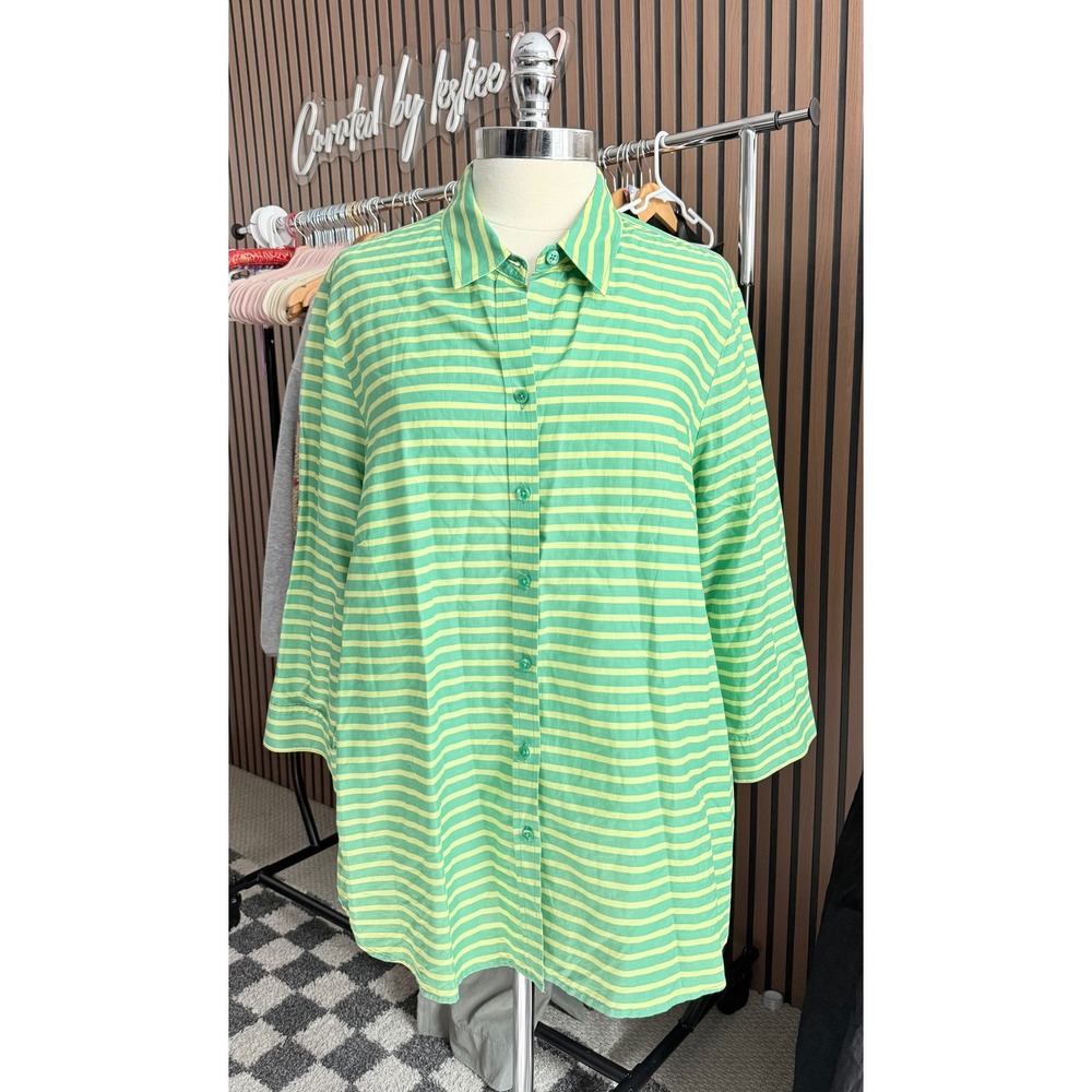 Coldwater Creek Button Down Women 1X Green Yellow Striped 3/4 Cotton Shirt